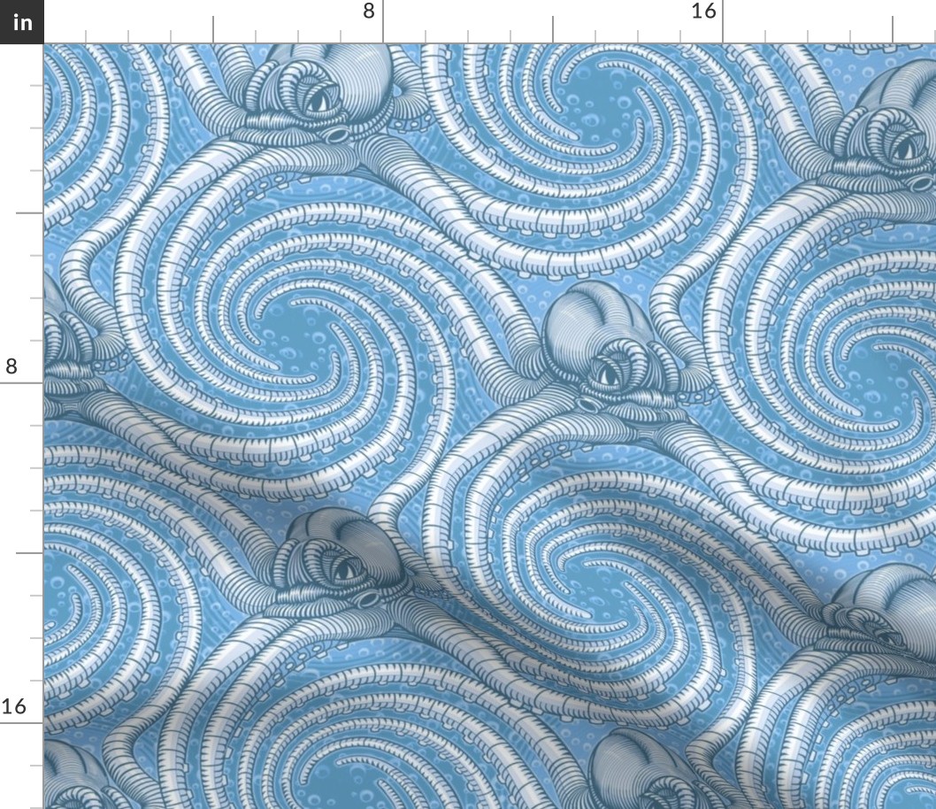 ★ KRAKEN ' ROLL ★ Monochrome Light Blue - Large Scale / Collection : Kraken ' Roll – Steampunk Octopus Print