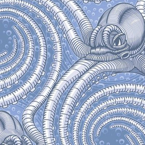 ★ KRAKEN ' ROLL ★ Monochrome Light Indigo - Large Scale / Collection : Kraken ' Roll – Steampunk Octopus Print