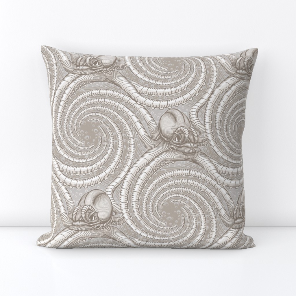 ★ KRAKEN ' ROLL ★ Monochrome Light Sand Gray - Large Scale / Collection : Kraken ' Roll – Steampunk Octopus Print