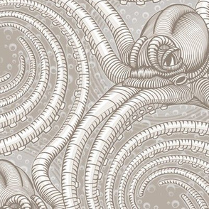 ★ KRAKEN ' ROLL ★ Monochrome Light Sand Gray - Large Scale / Collection : Kraken ' Roll – Steampunk Octopus Print