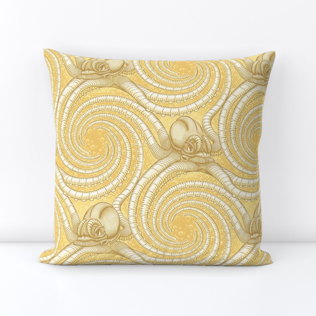 ★ KRAKEN ' ROLL ★ Monochrome Light Golden Yellow - Large Scale / Collection : Kraken ' Roll – Steampunk Octopus Print