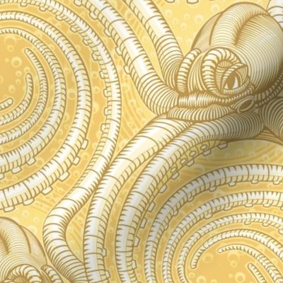 ★ KRAKEN ' ROLL ★ Monochrome Light Golden Yellow - Large Scale / Collection : Kraken ' Roll – Steampunk Octopus Print