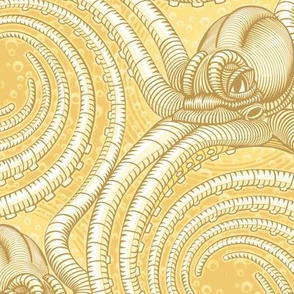 ★ KRAKEN ' ROLL ★ Monochrome Light Golden Yellow - Large Scale / Collection : Kraken ' Roll – Steampunk Octopus Print