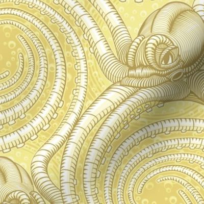 ★ KRAKEN ' ROLL ★ Monochrome Light Mustard Yellow - Large Scale / Collection : Kraken ' Roll – Steampunk Octopus Print