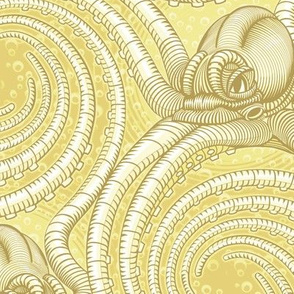 ★ KRAKEN ' ROLL ★ Monochrome Light Mustard Yellow - Large Scale / Collection : Kraken ' Roll – Steampunk Octopus Print