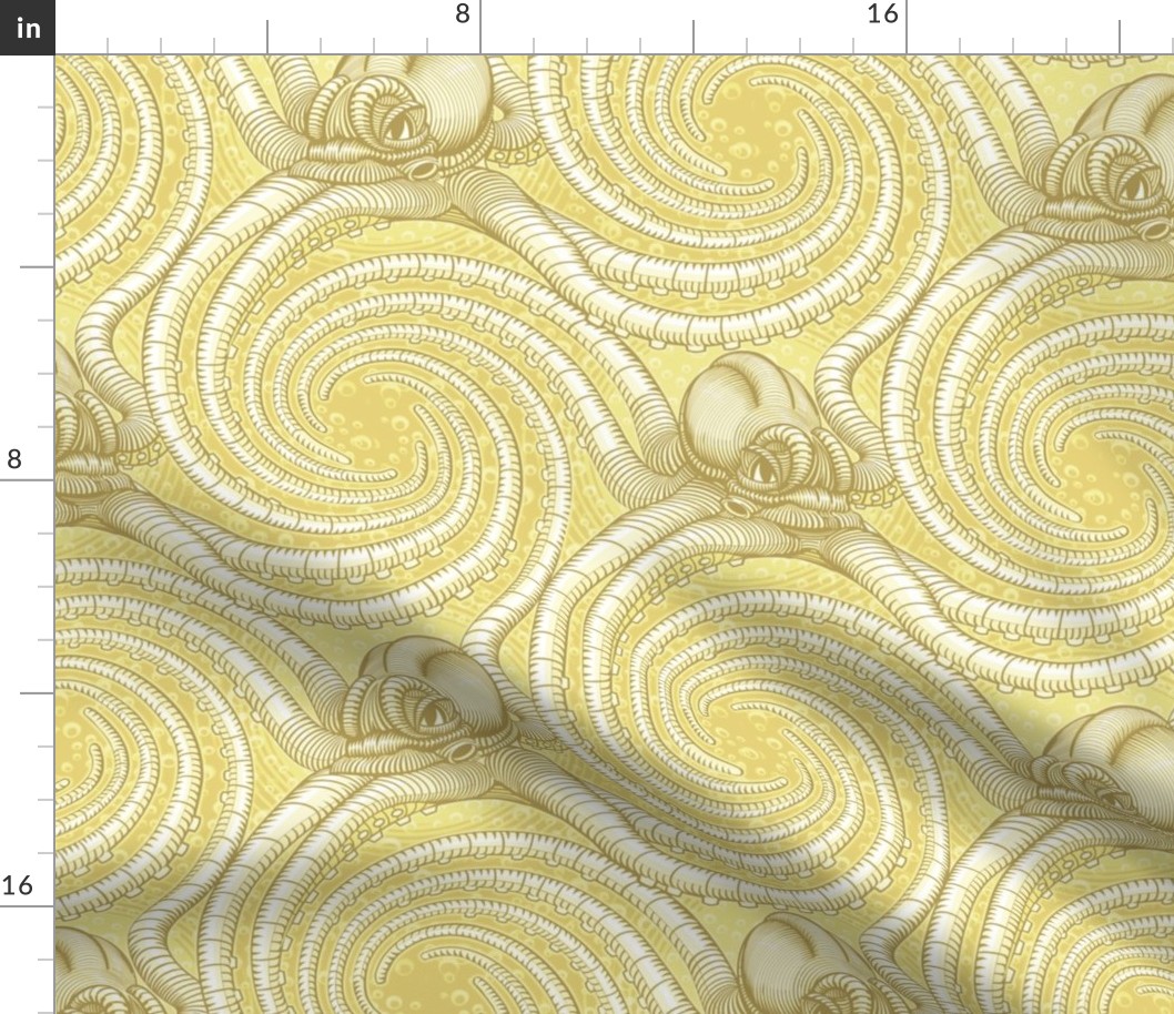 ★ KRAKEN ' ROLL ★ Monochrome Light Mustard Yellow - Large Scale / Collection : Kraken ' Roll – Steampunk Octopus Print