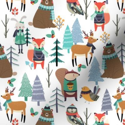 Winter Woodland Animals - Winter Snow Forest Animals, Bears Deer Fox Owl Kids Design (white)