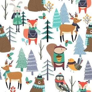 Winter Woodland Animals - Winter Snow Forest Animals, Bears Deer Fox Owl Kids Design (white)