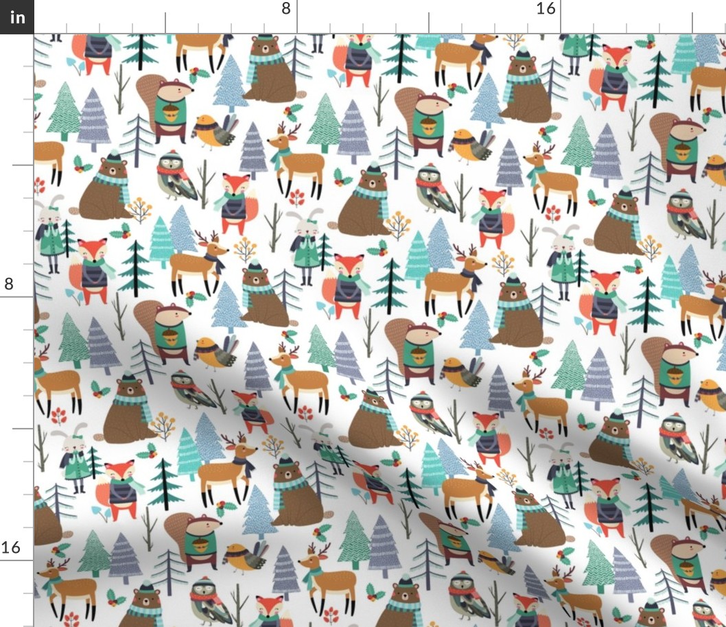 Winter Woodland Animals - Winter Snow Forest Animals, Bears Deer Fox Owl Kids Design (white)