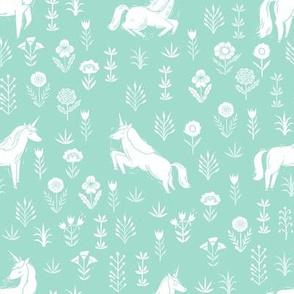 unicorn meadow // linocut floral, wild flowers, wildflower, flower, unicorns girls baby fabric - mint