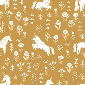 unicorn meadow // linocut floral, wild flowers, wildflower, flower, unicorns girls baby fabric - mustard
