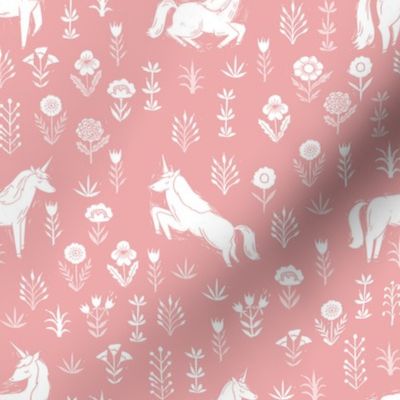 unicorn meadow // linocut floral, wild flowers, wildflower, flower, unicorns girls baby fabric - coral