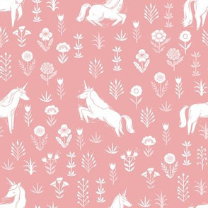 unicorn meadow // linocut floral, wild flowers, wildflower, flower, unicorns girls baby fabric - coral