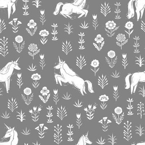 unicorn meadow // linocut floral, wild flowers, wildflower, flower, unicorns girls baby fabric - grey
