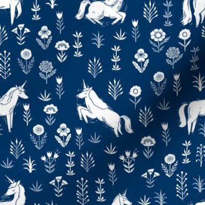 unicorn meadow // linocut floral, wild flowers, wildflower, flower, unicorns girls baby fabric - navy