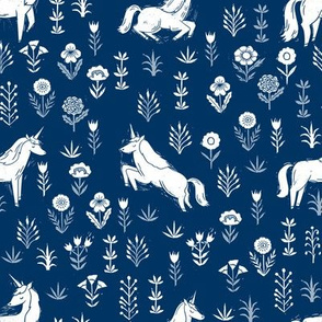 unicorn meadow // linocut floral, wild flowers, wildflower, flower, unicorns girls baby fabric - navy