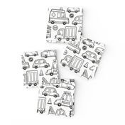 Cars Vehicles Doodle fabric Black & White Coloring