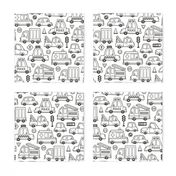 Cars Vehicles Doodle fabric Black & White Coloring