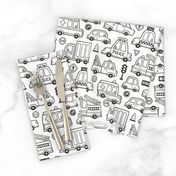 Cars Vehicles Doodle fabric Black & White Coloring