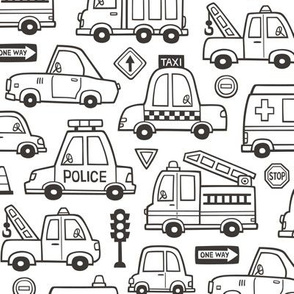 Cars Vehicles Doodle fabric Black & White Coloring