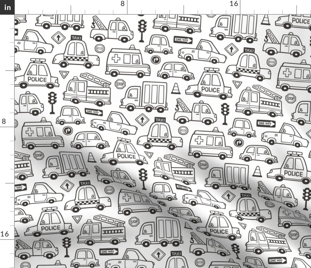 Cars Vehicles Doodle fabric Black & White Coloring