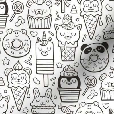 Animals Sweets Candy Ice Cream & Donuts Black & White Coloring