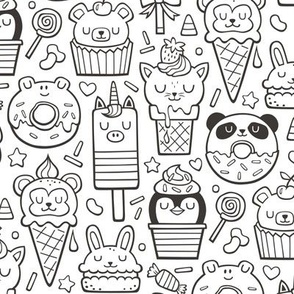 Animals Sweets Candy Ice Cream & Donuts Black & White Coloring