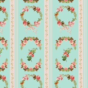 14" Rococo Pastel  Antique Napoleonic toile with stripes and roses bouquets - teal