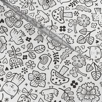 Cats Birds & Flowers Spring Doodle Black & White Coloring