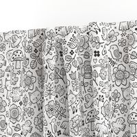 Cats Birds & Flowers Spring Doodle Black & White Coloring