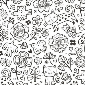 Cats Birds & Flowers Spring Doodle Black & White Coloring