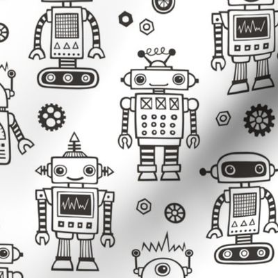 Cute Robots Black & White Coloring