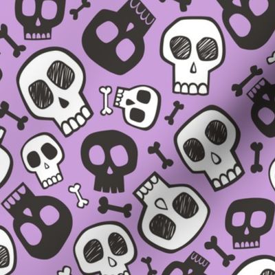 Skulls and Bones Halloween Black & White on Purple