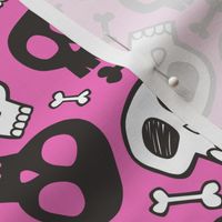 Skulls and Bones Halloween Black & White on Dark Pink