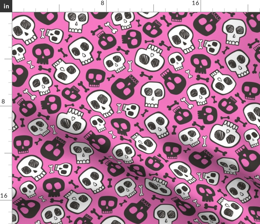 Skulls and Bones Halloween Black & White on Dark Pink