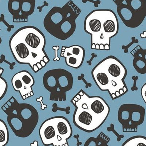 Skulls and Bones Halloween Black & White on Dark Blue Navy
