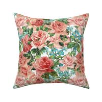 Mystic Nostalgic Peach Roses And blue Forget-Me-Not Flowers, Antique Bloom Bouquets, Vintage Home Decor,   English Rose Fabric