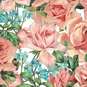 Mystic Nostalgic Peach Roses And blue Forget-Me-Not Flowers, Antique Bloom Bouquets, Vintage Home Decor,   English Rose Fabric