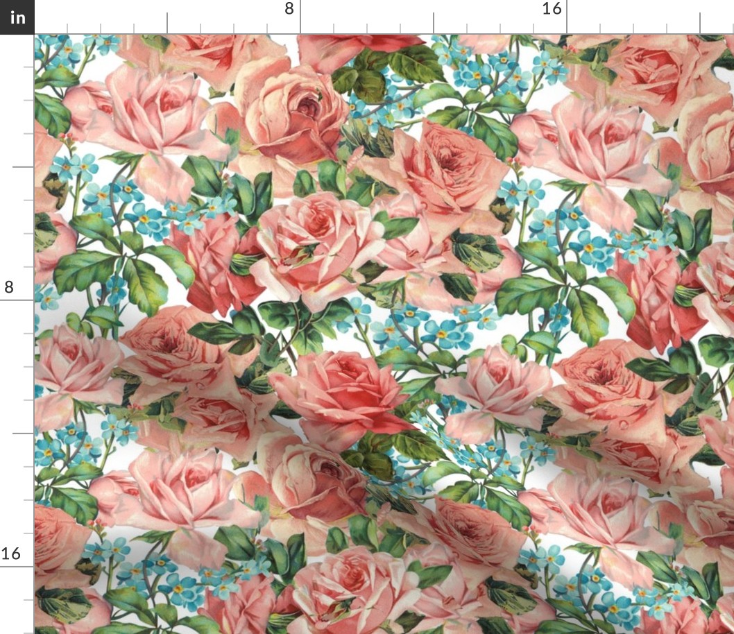 Mystic Nostalgic Peach Roses And blue Forget-Me-Not Flowers, Antique Bloom Bouquets, Vintage Home Decor,   English Rose Fabric