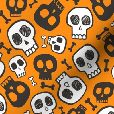 Skulls and Bones Halloween Black & White on Dark Orange