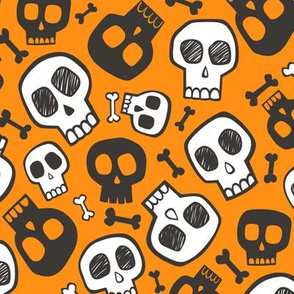 Skulls and Bones Halloween Black & White on Dark Orange