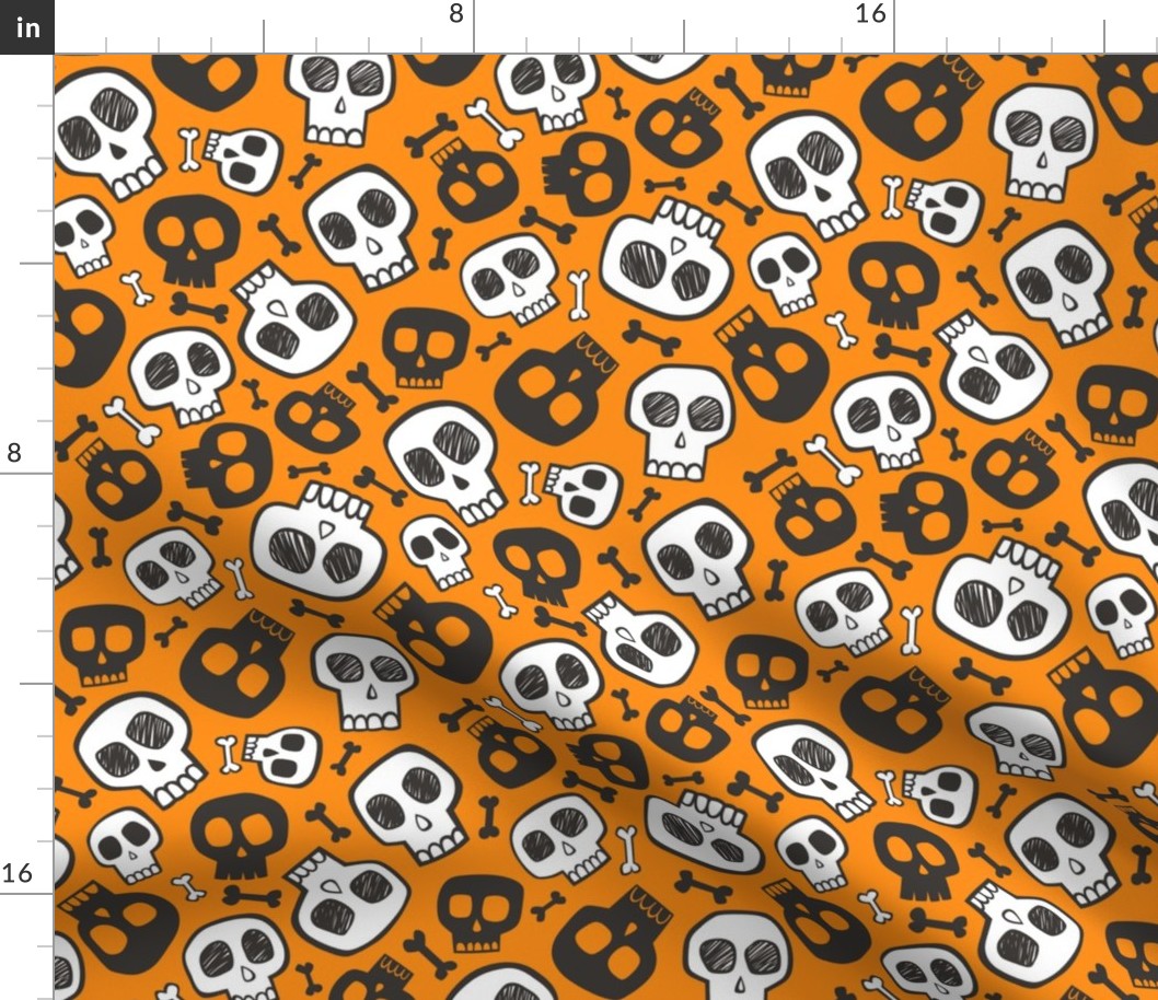 Skulls and Bones Halloween Black & White on Dark Orange