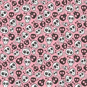 Skulls and Bones Halloween Black & White on Pink Tiny Small 0,75 inch