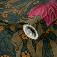 Pimpernel - LARGE - historic reconstructed damask wallpaper by William Morris -  autumnal teal sage and pink antiqued restored reconstruction art nouveau art deco