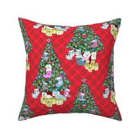 Holiday cats and dogs & christmas trees on red plaid