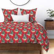 Holiday cats and dogs & christmas trees on red plaid