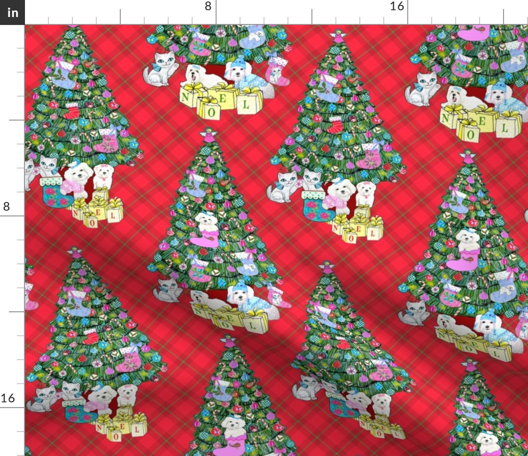 Holiday cats and dogs & christmas trees on red plaid