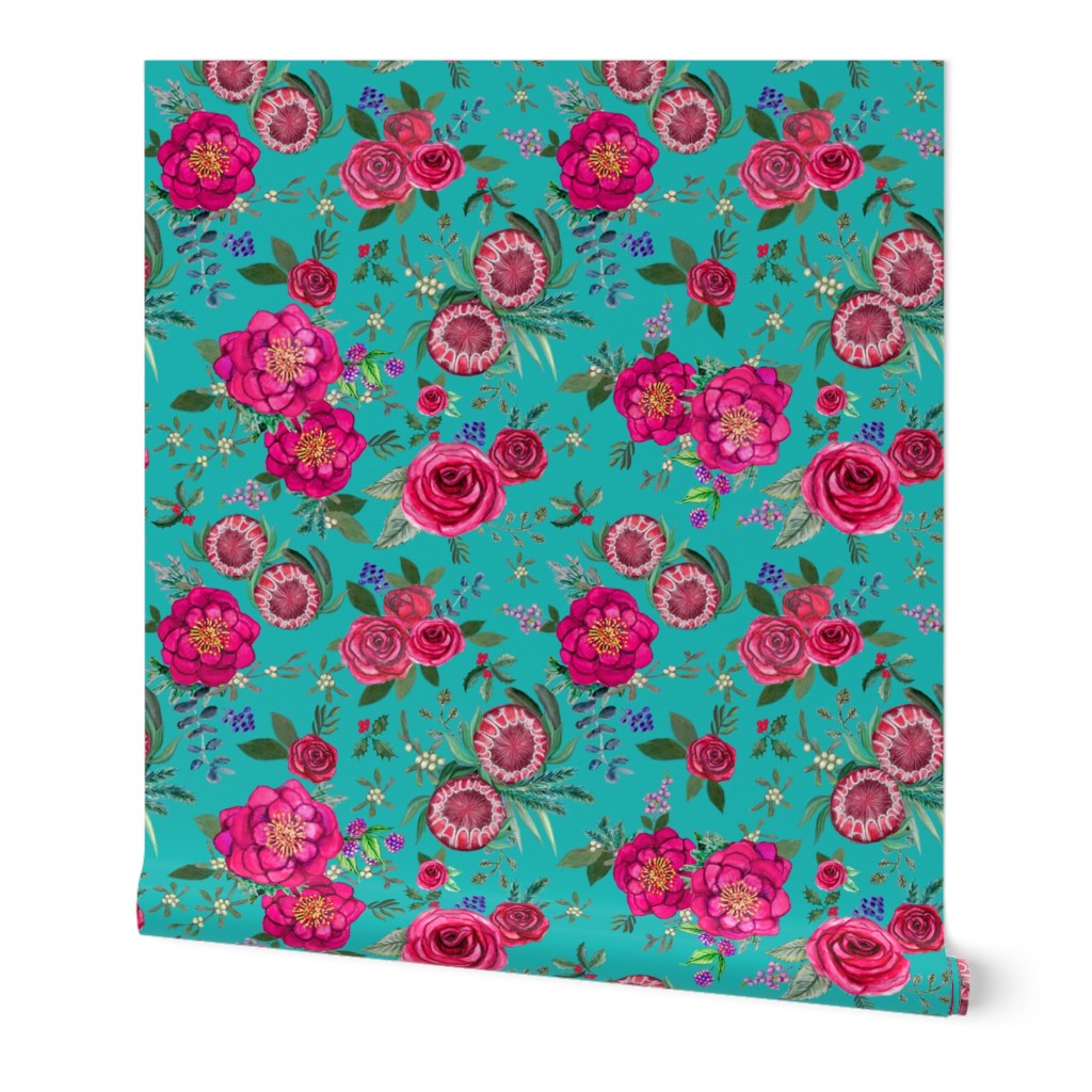 Christmas Floral Pink watercolor // pink and teal floral