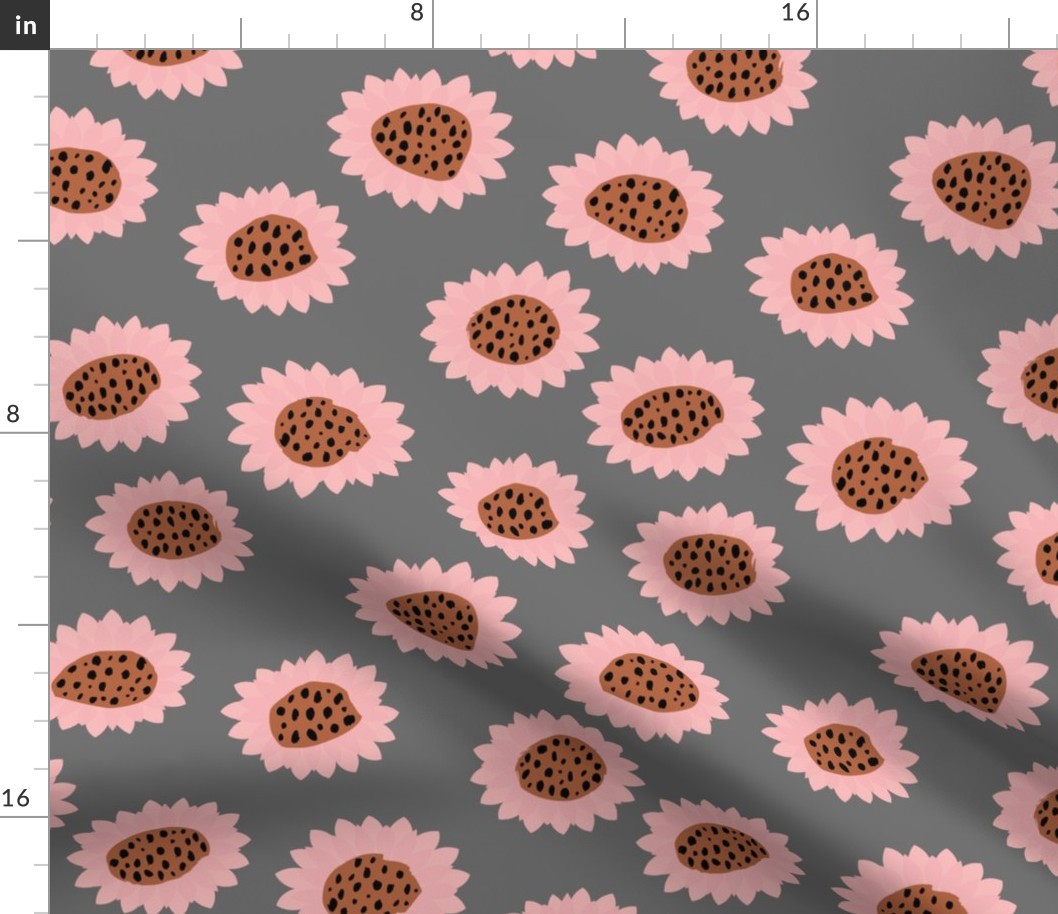 Retro style paper cut raw sunflowers abstract flower field joy pattern pink gray LARGE