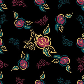 Floral print. Roses. bouquets. Decorative. Black background. 